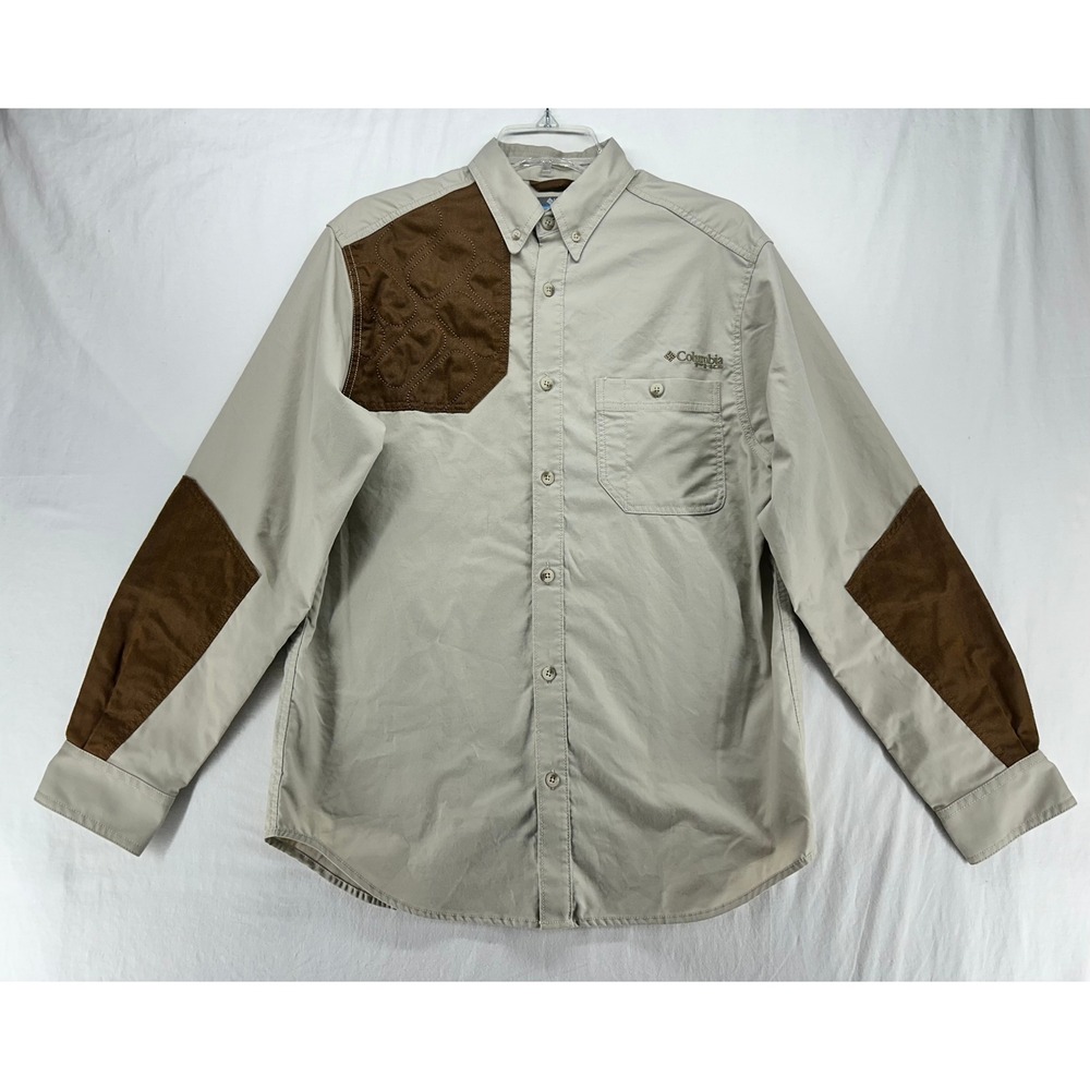 Columbia PHG Mens Small Tan Long Sleeve Shooting Hunting Shirt Quilted Patch